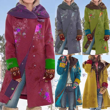 autumn and winter new  New Popular trade women's clothing  medium and long printed top long-sleeved woolen coat