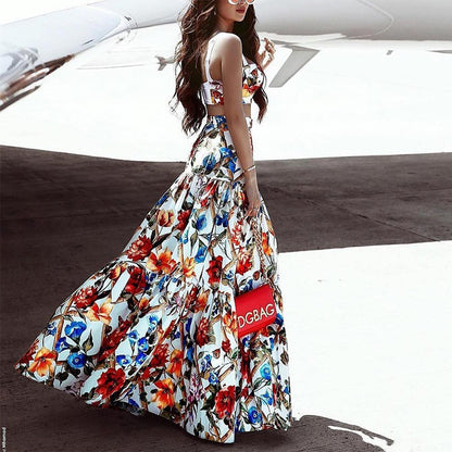 2025 New new spring and summer 2025 women's clothing temperament sexy suspender sleeveless suit printed backless beach skirt