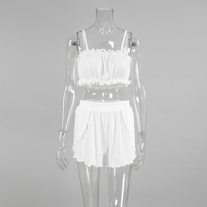 LOVECCR 2025 Popular,  and Popular trade autumn and winter fungus edge suspender underwear slit shorts two-piece set white knitted jacquard hollow pajamas