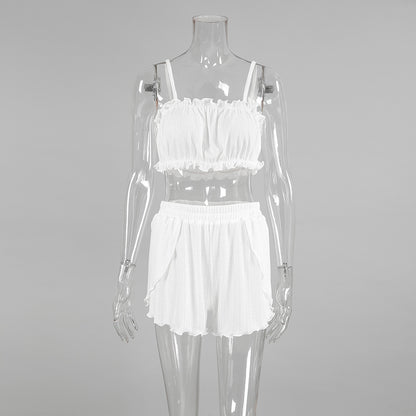 LOVECCR 2025 Popular,  and Popular trade autumn and winter fungus edge suspender underwear slit shorts two-piece set white knitted jacquard hollow pajamas