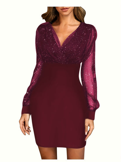 LOVERCCR  Cross-Border European and American Women's Clothing New Mesh Stitching Sexy Elegant Retro V-neck Party Club Dress Dress