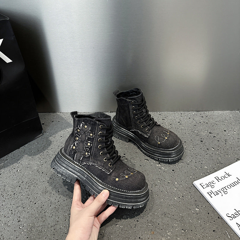 2025 Retro cowboy boots Ripped Martin boots Women's summer and autumn old thick-soled short boots British style single boots Small tooling boots