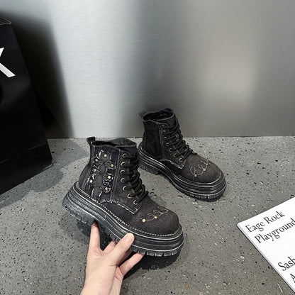 2025 Retro cowboy boots Ripped Martin boots Women's summer and autumn old thick-soled short boots British style single boots Small tooling boots