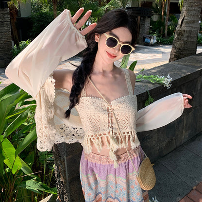 2025 Dopamine seaside vacation suit women's summer bohemian color skirt vest cardigan Sanya travel wear