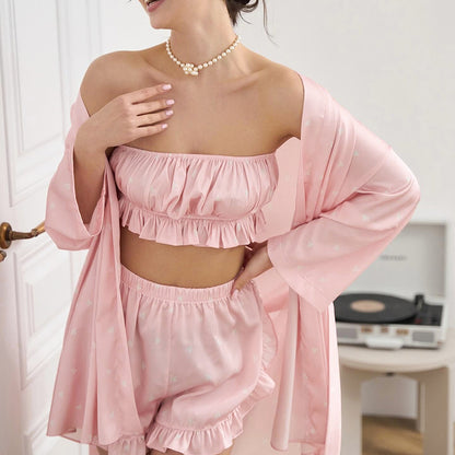 LOVECCR 2025 winter pajamas love printing fungus edge tube top long sleeve ruffle edge shorts three-piece women's loungewear