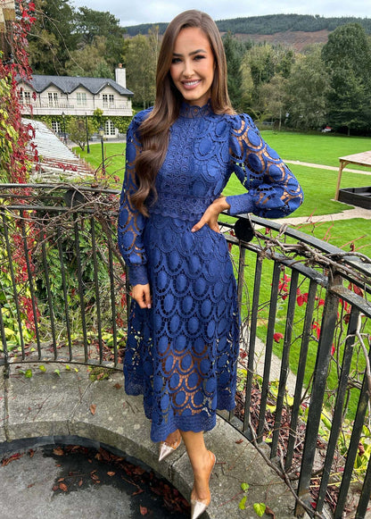 Spring New  Style Lace Stand Collar Puff Sleeve Waist Slimming Dress Graceful European and American Long Dress