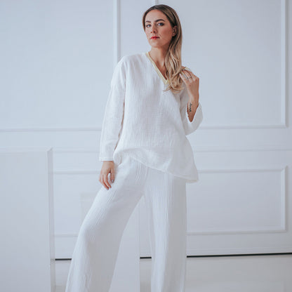 LOVECCR 2025 New winter pajamas contrasting color splicing casual long-sleeved trousers warm pure cotton soft women's loungewear