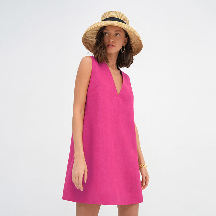 2025   simple and comfortable loose cotton and linen vest skirt women's summer solid color V-neck sleeveless dress short skirt