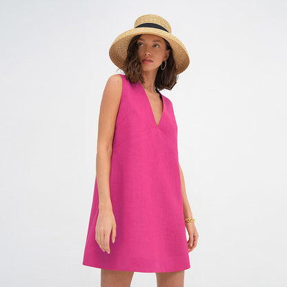 2025   simple and comfortable loose cotton and linen vest skirt women's summer solid color V-neck sleeveless dress short skirt