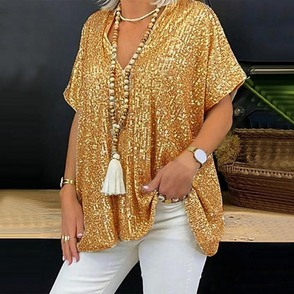 2025 new 2025  short-sleeved urban casual color loose pullover sequined V-neck T-shirt top women's clothing