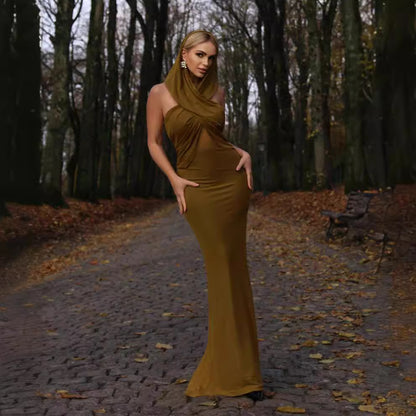 LOVECCR Summer turmeric sleeveless cross-hooded mesh dress 2025 women's clothing New new sexy backless long dress