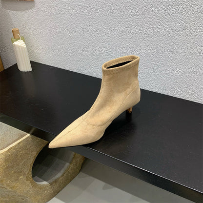 2025  Autumn and winter soft-soled elastic thin boots pointed-toed thin-heeled boots women's short boots small heel versatile black suede single boots