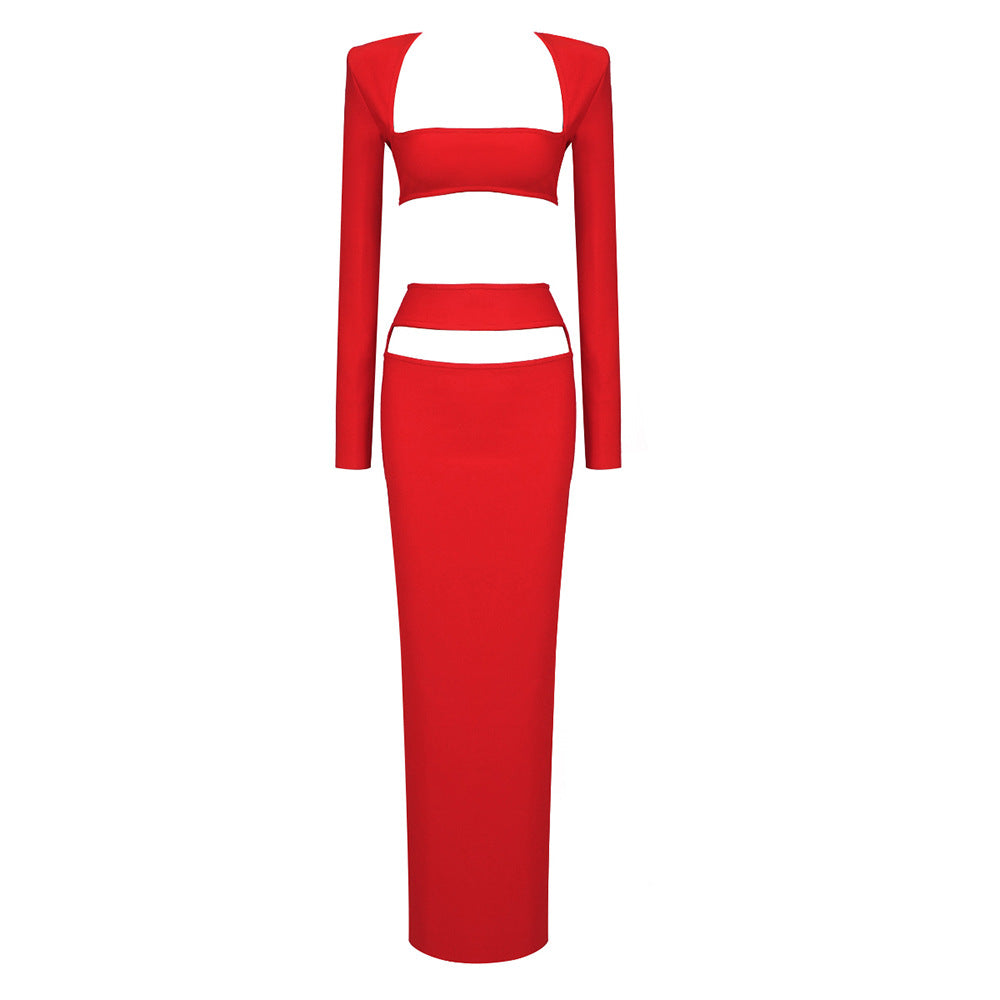 LOVECCR Premium suit New two-piece set, black red long-sleeved top, elastic bandage long dress, 2025 women's clothing, autumn and winter