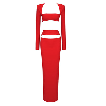 LOVECCR Premium suit New two-piece set, black red long-sleeved top, elastic bandage long dress, 2025 women's clothing, autumn and winter