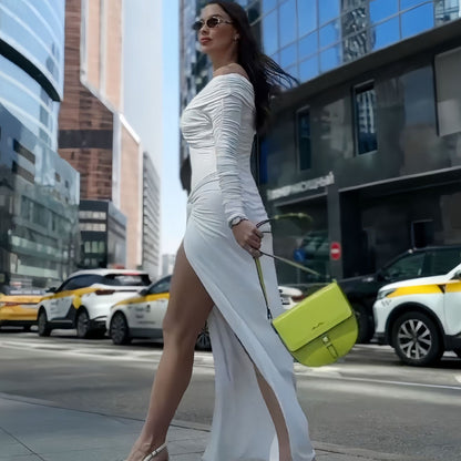LOVECCR2025 cross-border women's clothing  autumn new fashionable solid color off-the-shoulder tube top split-pleated long-sleeved dress