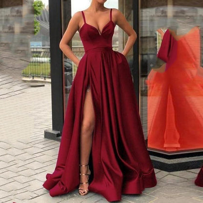 2025 new New spring   dress, thin solid color suspender trailing banquet satin dress