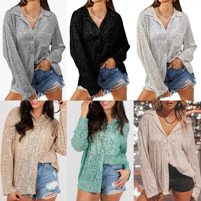 autumn  New women's clothing 's new fashion sequined long-sleeved lapel temperament casual shirt