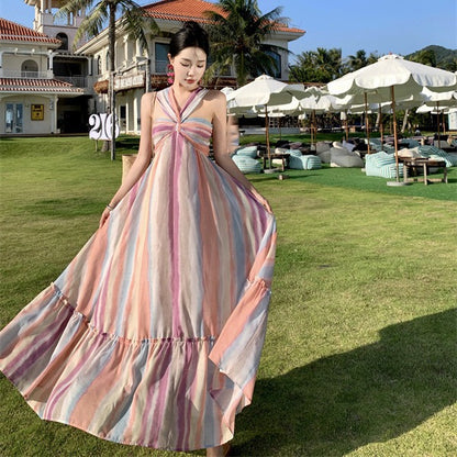 2025 Dopamine wear rainbow stripes candy color tie-dye gradual change backless dress seaside vacation neck dress women