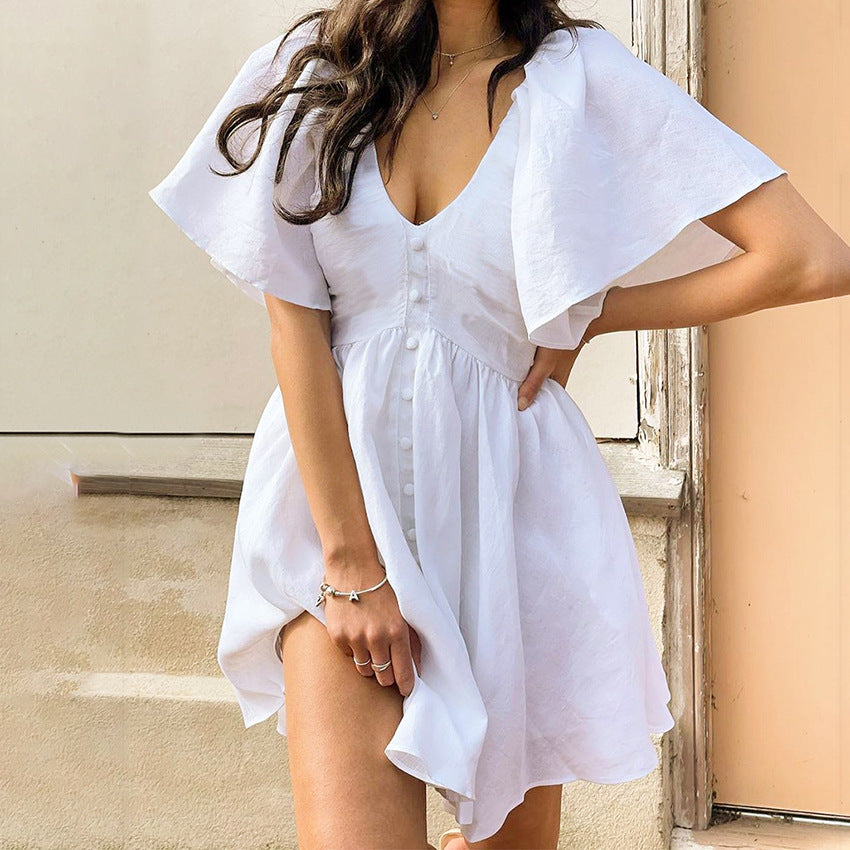 2025 Spring and summer new cotton and linen V-neck flared sleeve dress popular  spring and summer fashion new New wholesale short skirt