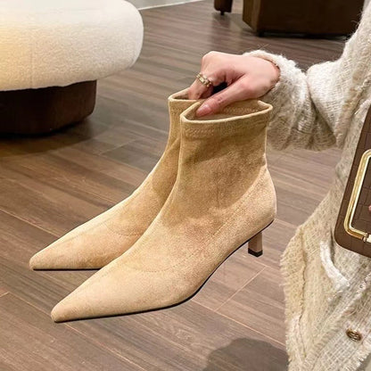2025  high heels pointed elastic thin boots women autumn and winter cat heel popular super fire and ankle boots short boots