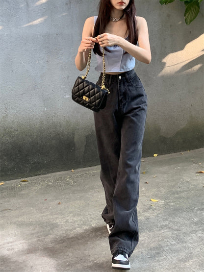 Women's High Waist Smoky Black Jeans Loose Slimming Washed All-Matching Straight Pants Basic Style Mop Pants