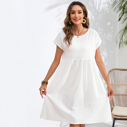 Cross-Border Foreign Trade   European and American Fashion Summer Ol Temperament Cotton Linen round-Neck A- line Skirt Pocket Dress