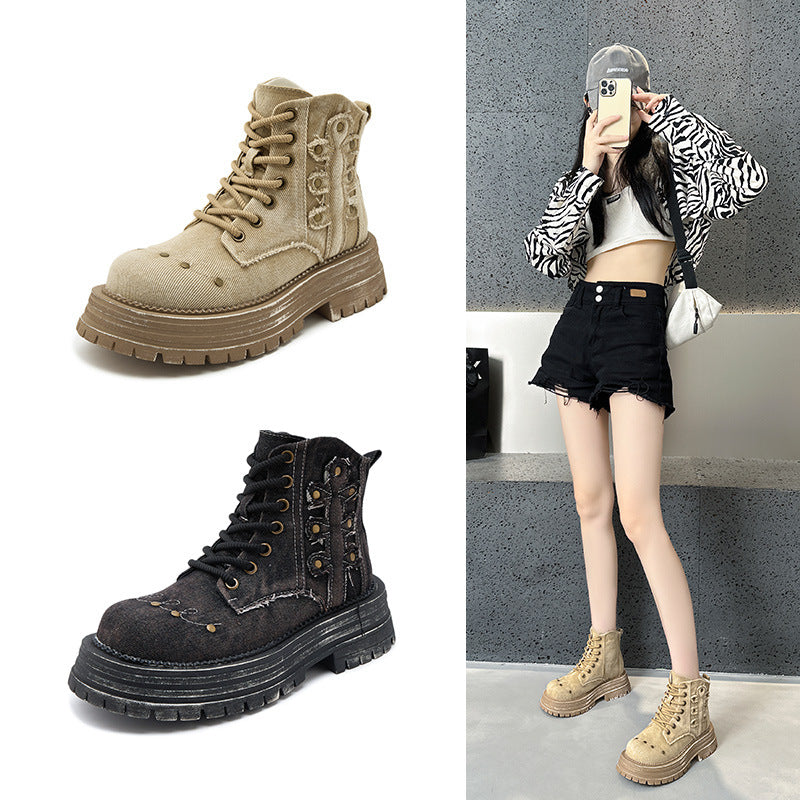 2025 Retro cowboy boots Ripped Martin boots Women's summer and autumn old thick-soled short boots British style single boots Small tooling boots