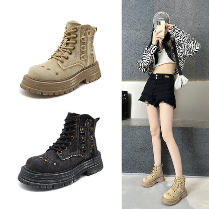 2025 Retro cowboy boots Ripped Martin boots Women's summer and autumn old thick-soled short boots British style single boots Small tooling boots