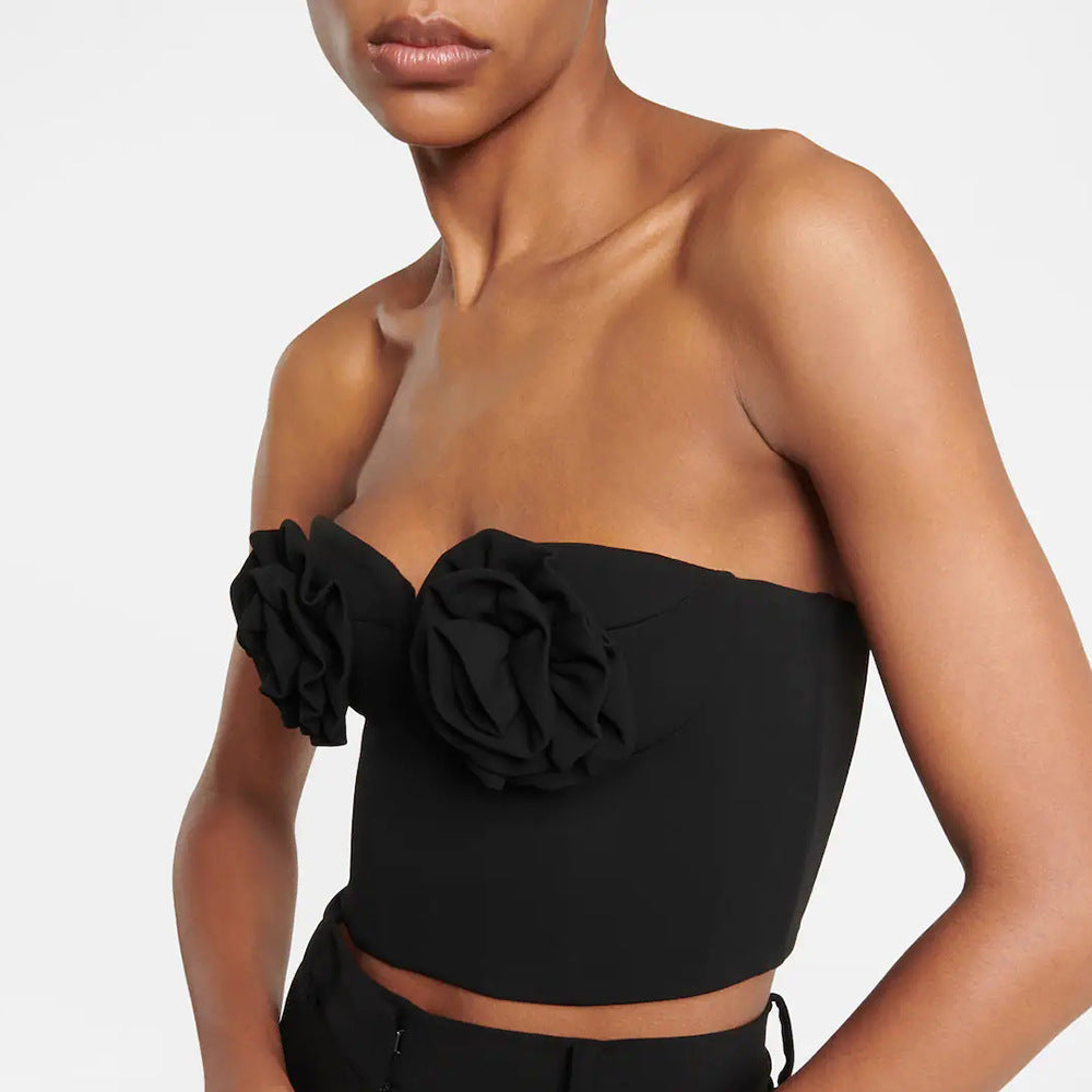 LOVECCR Premium summer  new women's three-dimensional flower black tube top halter top Spice girl elastic bandage