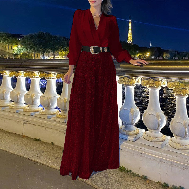 New women's clothing  new models, fashionable V-neck long-sleeved shirt temperament elegant waist and thin sequins wide legs