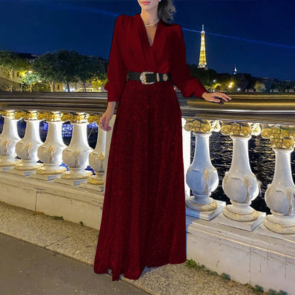 2025 New women's clothing  new models, fashionable V-neck long-sleeved shirt temperament elegant waist and thin sequins wide legs