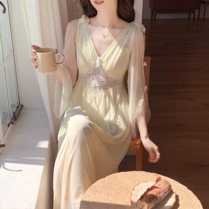 2025 Pure desire wind nightdress women's summer new short-sleeved skirt fairies can wear sexy high-end morning robe mesh court style