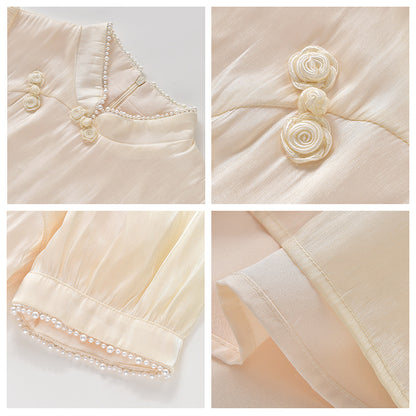 Retro niche design sense gentle wind white skirt medium and long waist improved version cheongsam dress women's summer