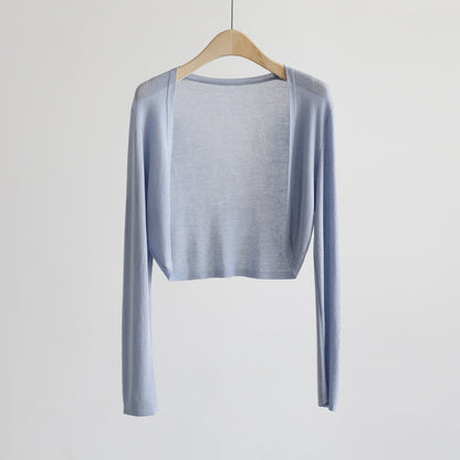 2025 summer ice silk cardigan long-sleeved buckle-free shawl ultra-thin knitted sunscreen shirt slim-fitting outer women's air-conditioning shirt collar