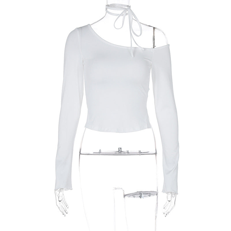 LOVECCR 2025 INS style women's clothing Hot summer new fashionable solid color slanted shoulder slim shoulder sexy long-sleeved T-shirt top