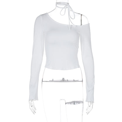 LOVECCR 2025 INS style women's clothing Hot summer new fashionable solid color slanted shoulder slim shoulder sexy long-sleeved T-shirt top