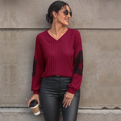 LOVECCR Europe and the United States  loose long-sleeved V-neck T-shirt lace splicing casual women's top simple temperament T-shirt