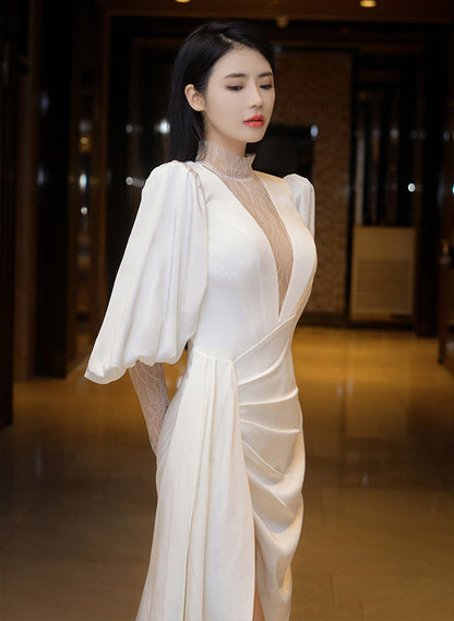 LOVECCRBeautiful White Puffy Sleeves Long Party Dress with Leg Slit, White Wedding Party Dress