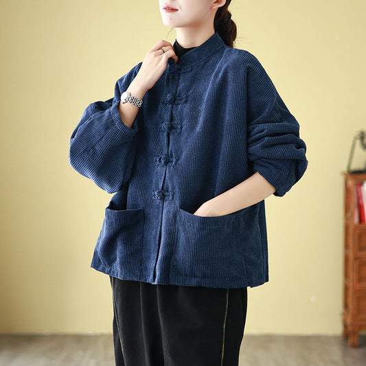 Real popular autumn and winter retro corduroy loose Tang suit old ethnic style tea suit pair of placket buckle stand-up collar jacket