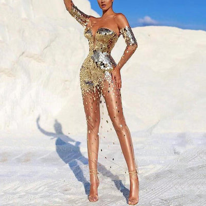 summer new New  women's dress sequined shoulder sexy mesh perspective long evening dress