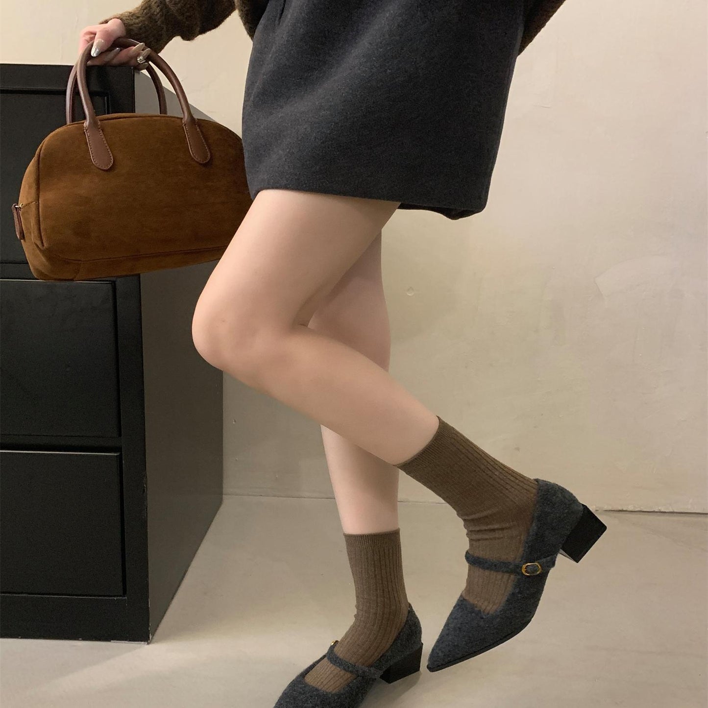 2025  Evening breeze gentle material shallow mouth single shoes velvet one-word buckle Mary Jane shoes pointed thick heel cotton ladyshoes women