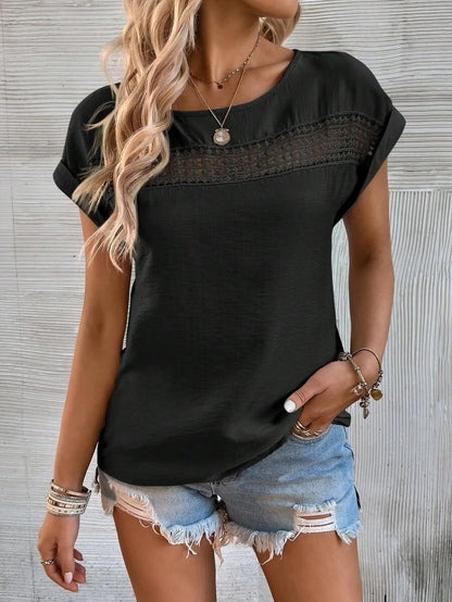2025 Popular, ,  New women's clothing summer new casual solid color splicing lace hollow short-sleeved top women