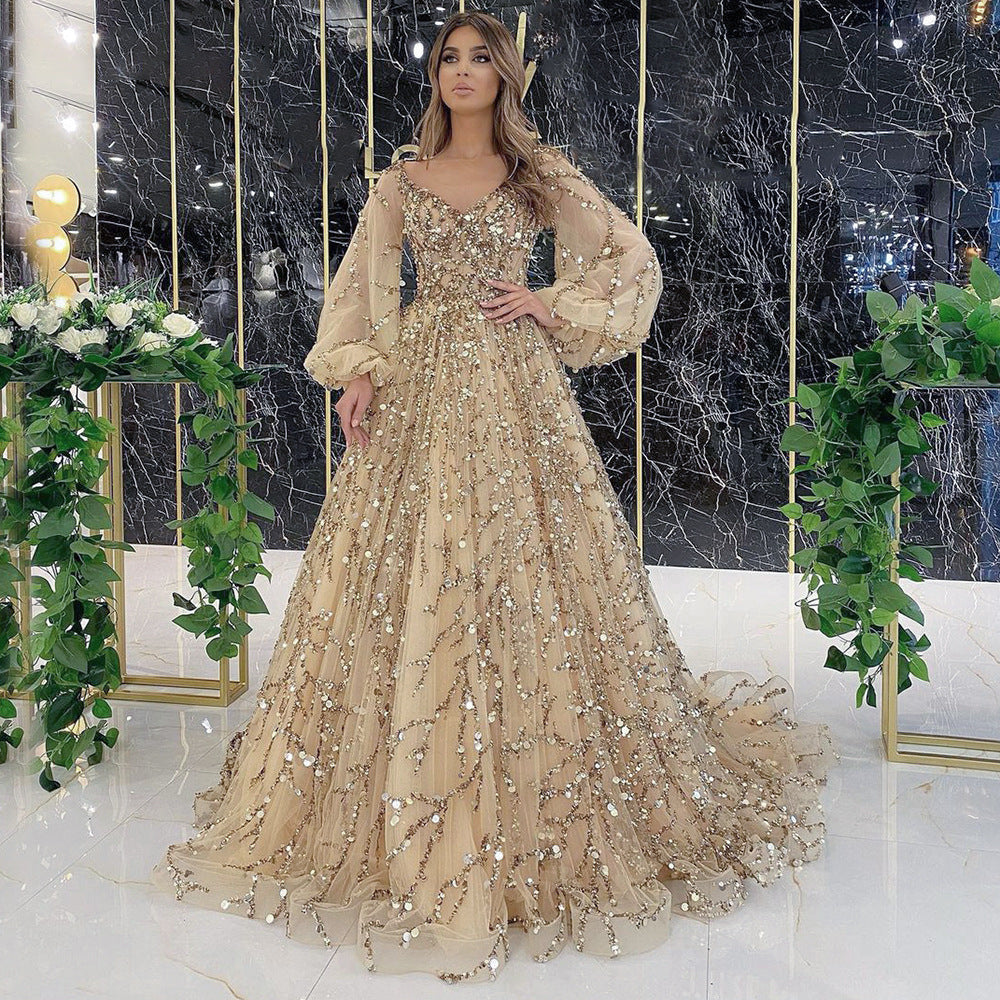 New new gold heavy industry beads luxury evening dress sexy celebrity aura queen long dress SC7109