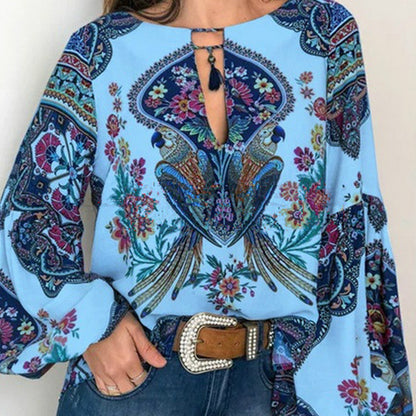 2025 spring and summer new women's clothing personalized women's clothing digital printing round neck lantern sleeve shirt 5006 in stock