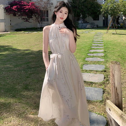 2025 New Chinese style sleeveless neck dress women's summer seaside vacation waist beach dress zen niche long dress