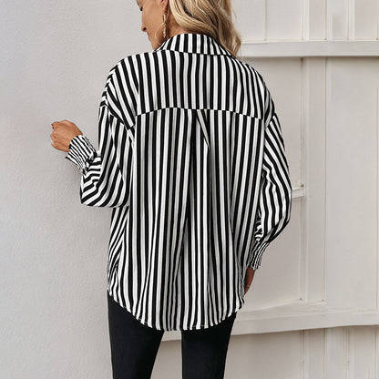 LOVECCR wholesale Hot new foreign trade 2025 tops  long-sleeved black and white striped shirts women