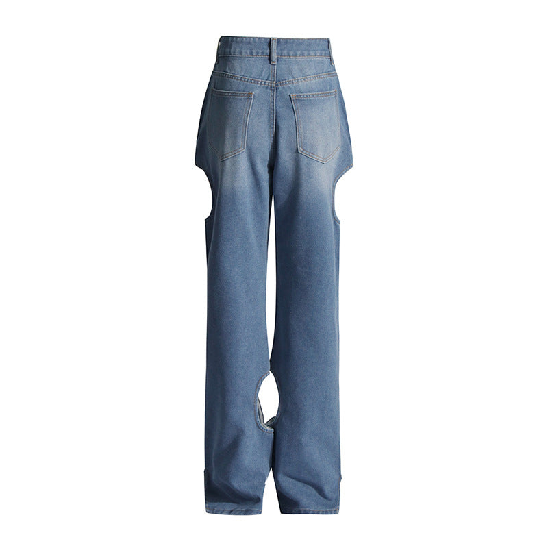 2025 Fashion and casual high-end straight-leg pants  spring new high-waisted hollow design women's jeans