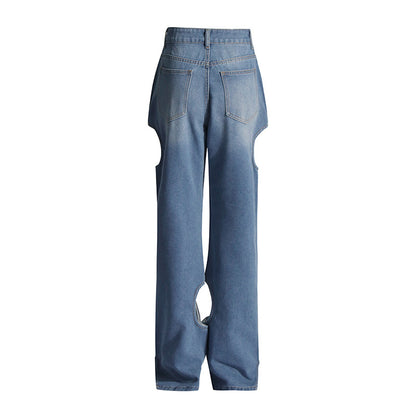 2025 Fashion and casual high-end straight-leg pants  spring new high-waisted hollow design women's jeans