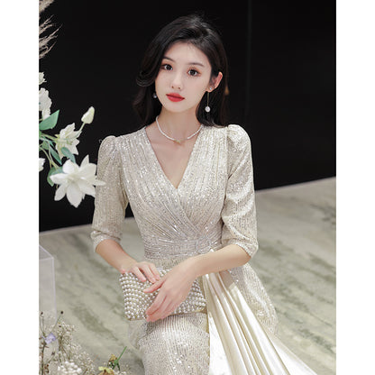 LOVECCR  Champagne Evening Dress for Women  New High-End Temperament Light Luxury Minority Banquet Host Fishtail Dress Sequins