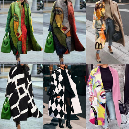 2025 New new Popularan, 2025n autumn Popular trade women's clothing  long-sleeved lapel jacket printed woolen large-size trench coat